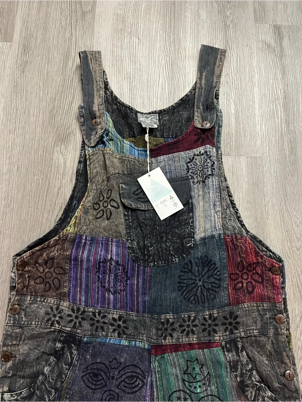 244–NWT Boho Patchwork Multi-Color Cotton Blend Overalls - Picture 2 of 6